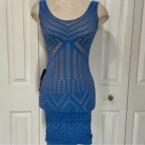 Bebe Blue and Crème Lazer Cut Bodycon Wiggle Dress
